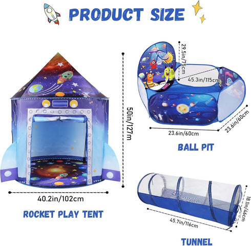 3 1 Set in Rocket Ship Play Tent with Tunnel Ball Pit for Kids Space Themed Pop Up Playhouse Indoor Outdoor Astronaut