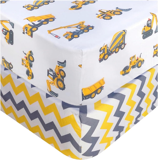 Handywa 2 Pack Cotton Fitted Crib Sheets, Construction Trucks and Chevron Print, Fits