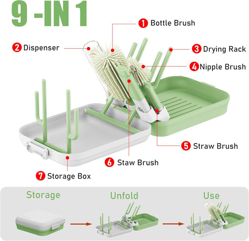MONSAO Set Baby Bottle Brush with Drying Rack, Portable Silicone Bottle Cleaner Kit for Bottles, Nipples and Straws