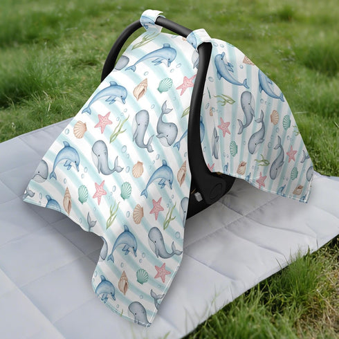 DOMIKING Whales Dolphins Blue Print Baby Car Seat Cover Breathable Infant Car Seat Cover for Babies Lightweight Carseat