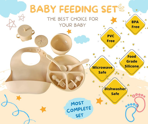 Baby Silicone Feeding Set, First Stage Toddler Utensils - 8 in 1 - with Bib, Sippy Cup, Suction Bowl, Baby Fork and Spoon Sets, Divided Plate with Suction - Baby Led Weaning Supplies (Beige) by Generic