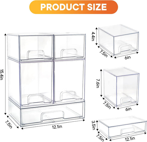 5 Pack Countertop MINMUNJIU Baby Bottle Organizer, Clear Space-Saving Stackable Drawer with Handle, Baby Bottle Storage