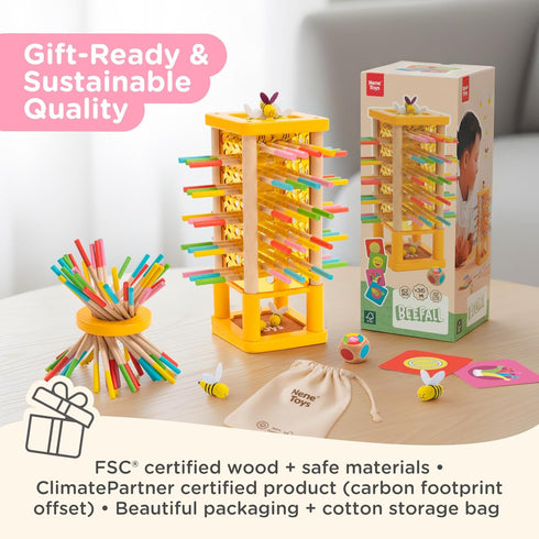 3+ 4-in-1 Nene Toys BeeFall Wooden Tower Game for Kids Stick Drop Bee Game with Dice & Action Cards, Rainbow Sticks