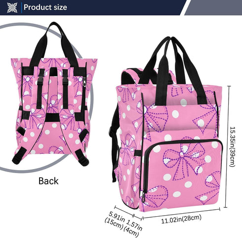 Jihqo Backpack 10L Diaper Bag Pink Polka Dots Bows Travel Diaper Bags for Women, Functional Baby Changing Bag