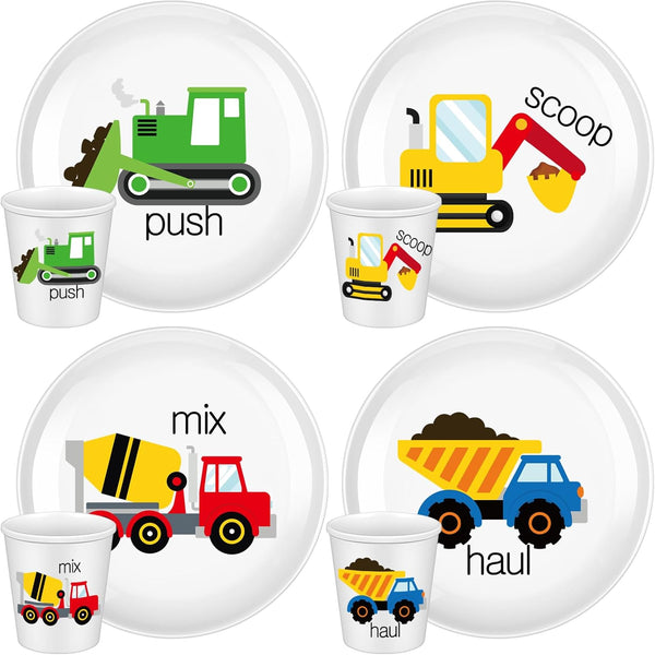 Yiyiring 4 Sets Construction Truck Plates with Cups for Kids Toddlers Fun Construction