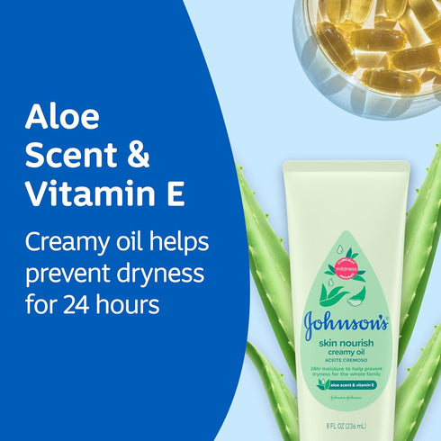 24 8 oz Johnson's Skin Nourish Creamy Oil, Aloe Scent & Vitamin E, Creamy Oil Helps Prevent Dryness & Moisturizes