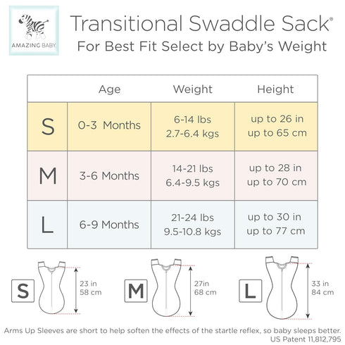 Amazing Baby Transitional Swaddle Sack with Arms Up, Half-Length Sleeves, Mitten Cuffs, Medium, Tiny Elephants