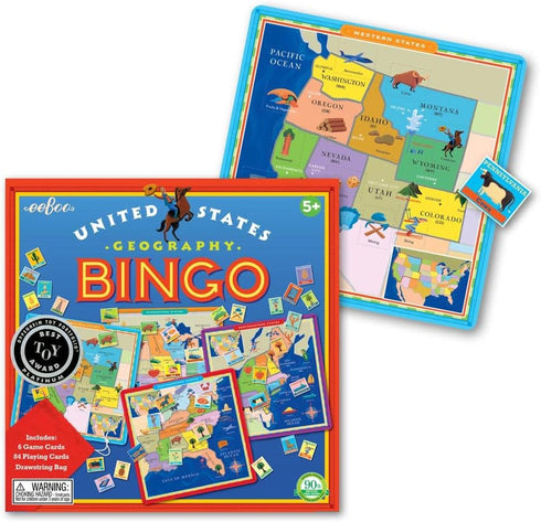 eeBoo United States Geography Bingo Game - 2 to 6 Players, 6 Game Cards, 84 Playing Cards, Drawstring Bag