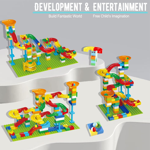 2-in-1 Kids Toys for 2-7 Year Olds, Classic Big Bricks Marble Run Building Blocks, Toss Ring Games