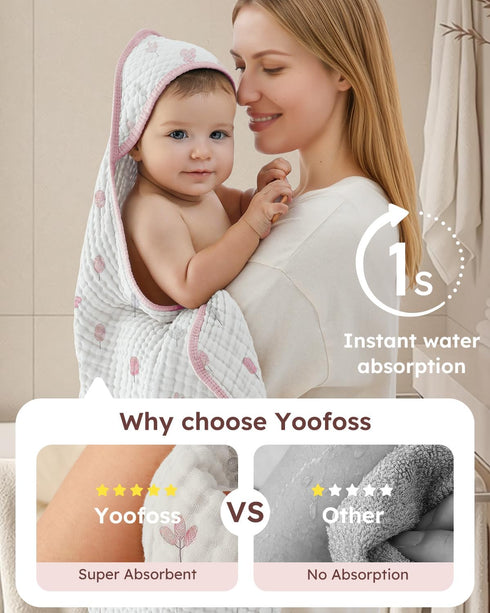 2 Pack 100% Kids,37.5"x37.5", Yoofoss Hooded Baby Towels for Newborn Muslin Organic Cotton Baby Bath Towel with Hood