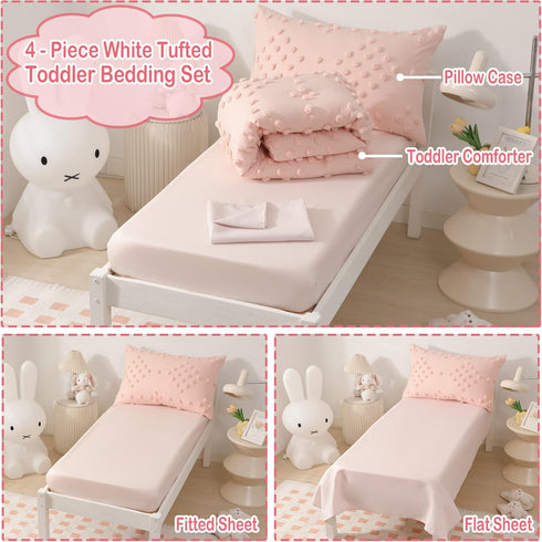 Set 4-Piece Set Toddler Bedding for Girls Pink Jacquard Pom Pom Tufts Bohemian Boho Tufted Dots Crib Toddler Comforter