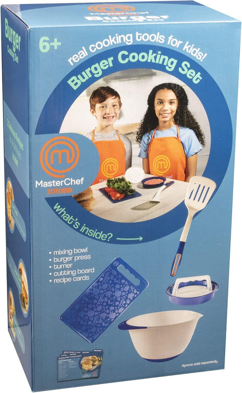 Masterchef Junior Kid's Burger Cooking Set - 9 Pc Kit with Real Cookware for Children, Bowl, Recipes, Hamburger Press