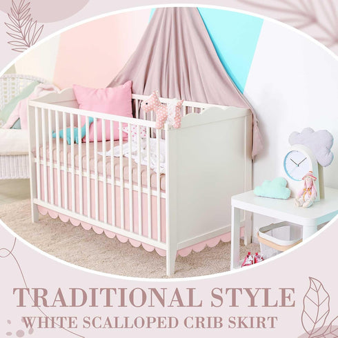 Hahafelt 28"x 52" 14" 4-Sided Pink Scalloped Crib Skirt with Drop Pleated Dust Ruffle with Split Corners for Baby Boys