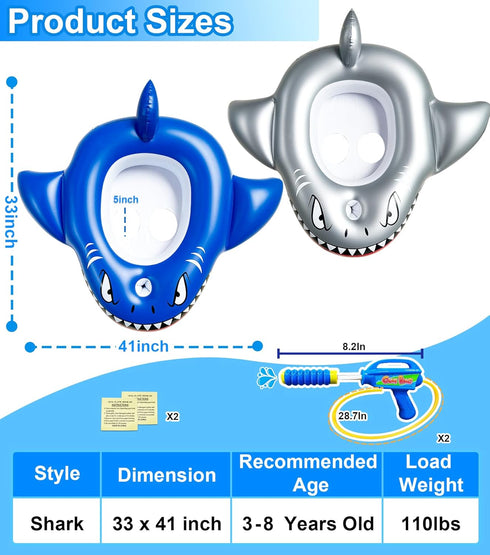 2 Pack Water Squirt Guns, Shark Pool Floats for Kids 3-8 Years, Inflatable Ride-on Toddler Pool Toys for Summer
