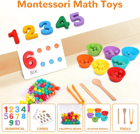 WRYBV Set 3 4 5 Wooden Peg Board Bead Game, Montessori Arithmetic Math Toy with Beads, Chopsticks & Spoons, Children's