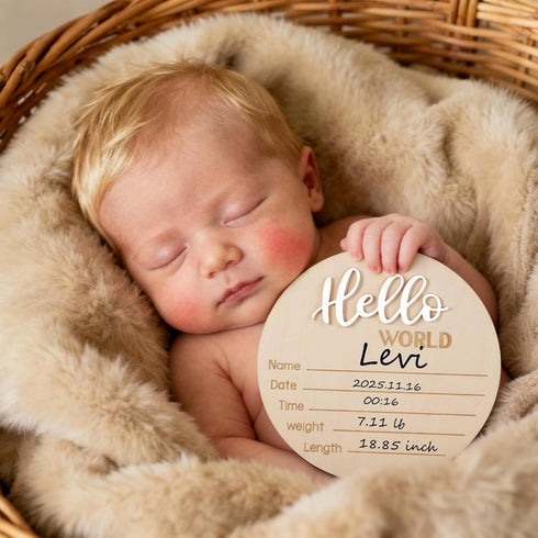 Xyndrella 5.9 Inch 3D Baby Announcement Sign with Pen, Wooden Hello World Newborn Sign for Hospital, Birth Announcement