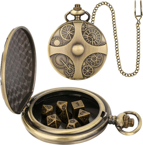 Mini DND Dice Set: 7pcs Polyhedral Metal Dice with Bronze Steampunk Gear Pocket Watch Case