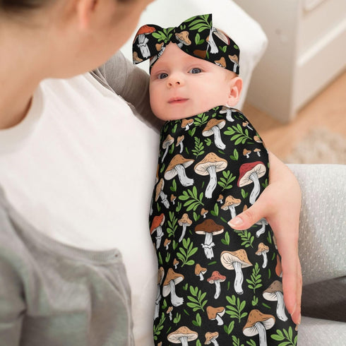 zhedongsj Set, Mushroom Newborn Swaddle Blanket with Hat and Bow Soft Swaddling Sack Gift for Mushroom Baby Items Stuff