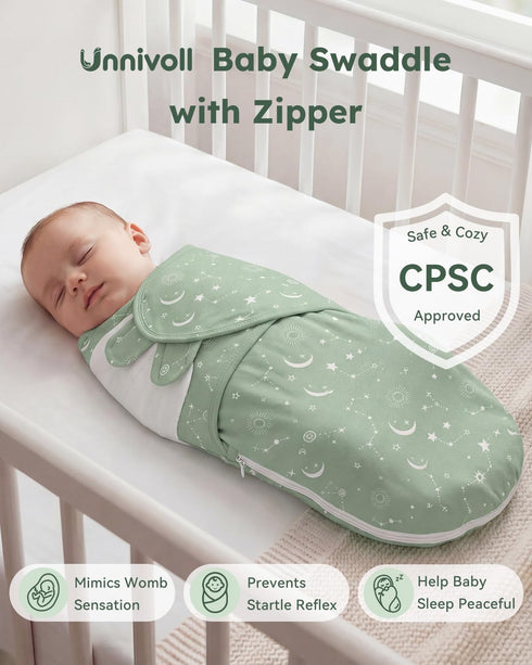 100% 3 Pack 3-6 Unnivoll Baby Swaddles for Newborns with Zipper, Cotton Newborn Swaddle Sack, Baby Swaddles Months