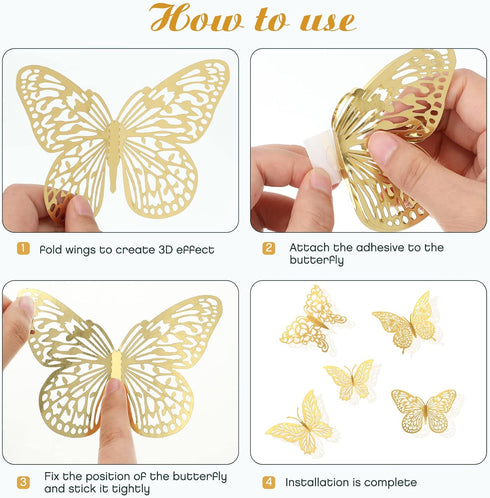 3D Gold Butterfly Wall Decor, 3 Sizes 4 Styles Butterfly Party Decorations, Removable Stickers for Room Mural (Gold,