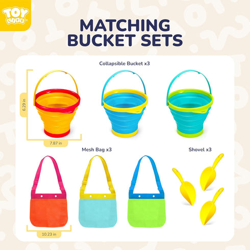 3 3 TOY Life Collapsible Beach Bucket Toys for Kids Beach Essentials with Portable Seashell Bags & Silicone Collapsible