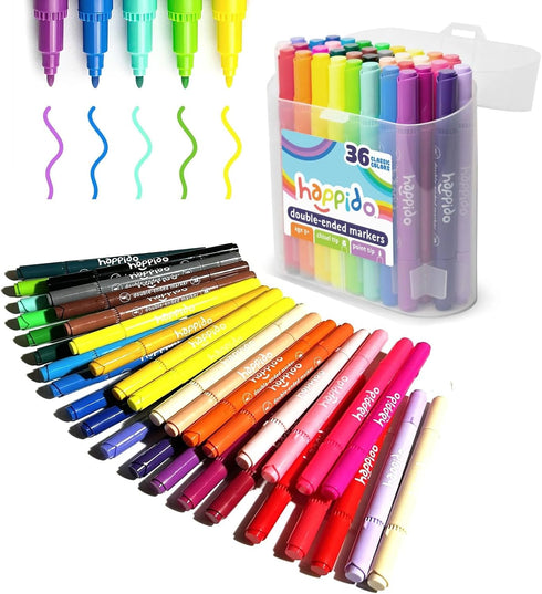 International Arrivals Happido Set of 36 Double Sided Markers, Non-Toxic for Kids Ages 4-8, Vibrant Coloring