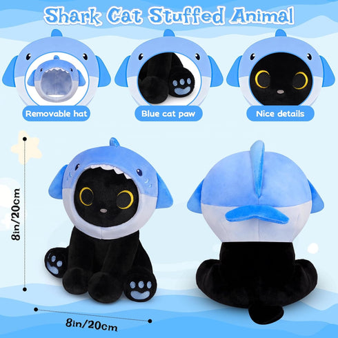 8inches Shark Plush Stuffed Cat, Black Cat Plush with Blue Shark Hood Removable, Cute Plushies Kawaii Cat Stuffed