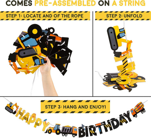 Construction Birthday Party Supplies Banner | Baby Boy Toddler Kids Birthday Truck Decorations, 8-feet Long