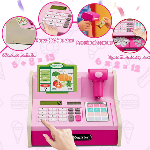 3-8,Color Wee Wonders Wooden Cash Register for Kids with Real Calculator, Rechargeable Cash Register Toy