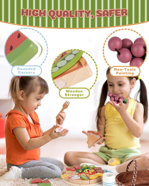 1-3, Playset 3-5, 3 4 5 6 Wooden Pizza Toy, Wooden Food Toys for Toddlers Wooden Play Food with Basket, Pretend Play