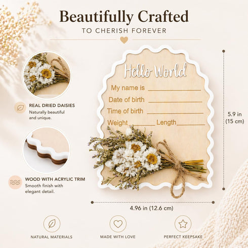 Wonhibo Daisy Newborn Announcement Sign - Baby Hospital Photo Prop Wooden Board Card with Real Pressed Flowers Hello