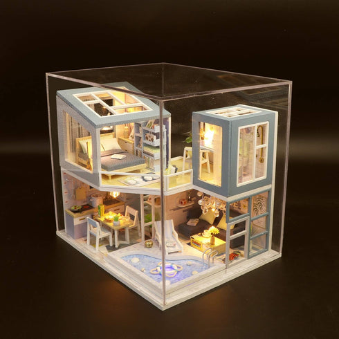 1:24 Cool Beans Boutique Miniature Dollhouse DIY Kit - Wooden Blue Townhouse with Pool