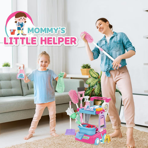 Set 17 Set deAO Kids Cleaning for Toddlers, PCS Pretend Play Detachable Housekeeping Cart with Broom,Dust Pan,Spray