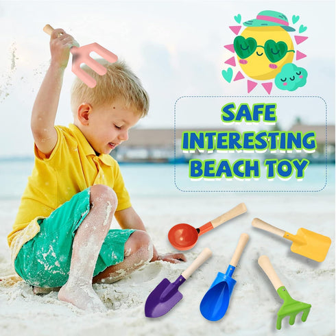 Egashow 6 8" Playset PCS Kids Gardening Tools, Metal Beach Sandbox Digging Toys with Sturdy Wooden Handle, Safe