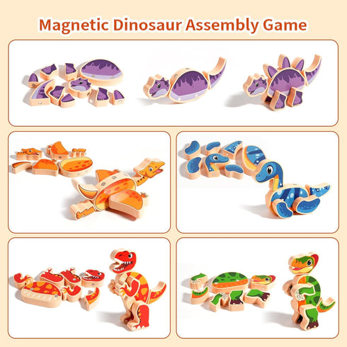 3-6 INIFEIDALA Magnetic Wooden Dinosaur Building Blocks, Take Apart STEM Montessori Educational Toy, Fine Motor Skills