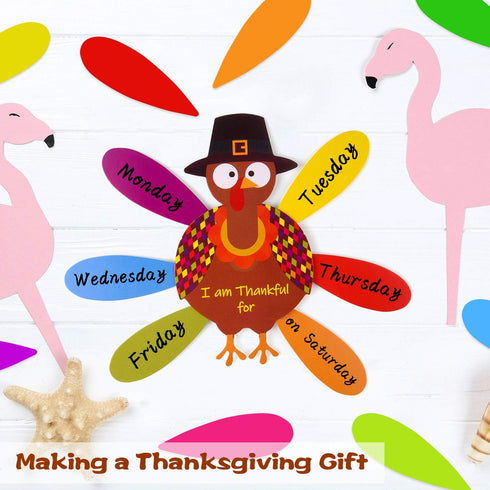 FEPITO 105 PCS DIY Turkey Craft Kit - Colorful Feathers, Dot Glues, Thanksgiving Stickers for School Activities