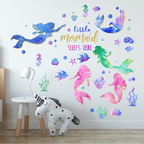 Yovkky Baby Girls Mermaid Wall Decals Stickers, Under The Sea Ocean Creatures Coastal Fish Bubble Glitter Nursery Kids