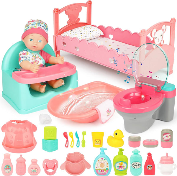 deAO Baby Doll Play Set, 25 PCS Accessories with Chair, Booster Seat, High Crib Toy, Toilet, and Bathtub