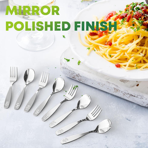 8 Pieces Kids Stainless Steel Utensils Set, 4 Forks and 4 Spoons, Cute Children Flatware with Mirror Polished