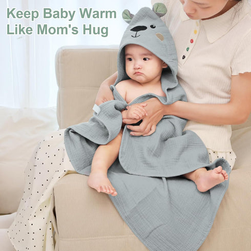 100% 30 30 inch, FIOBEE Hooded Baby Towels Muslin Baby Bath Towels for Newborn with Animal Design Ultra-Soft