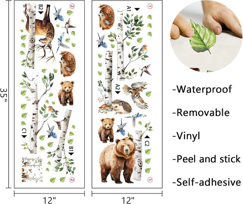 Mfault Forest Animal White Birch Tree Wall Decals Stickers, Woodland Bear Deer Hedgehog Owl Birds Baby Nursery Decor