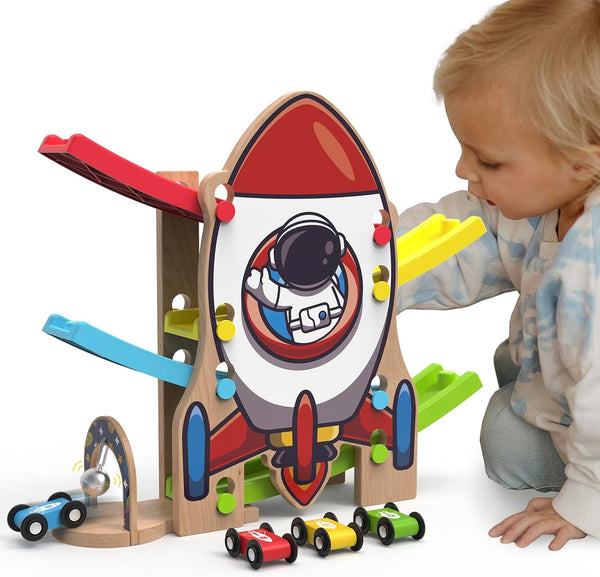 Wooden Race Track Car Ramp Racer Toy for Toddlers, Rocket Car Ramp