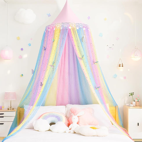 STAOLENE Rainbow Princess Bed Canopy for Girls, Breathable Hanging Mosquito Net with