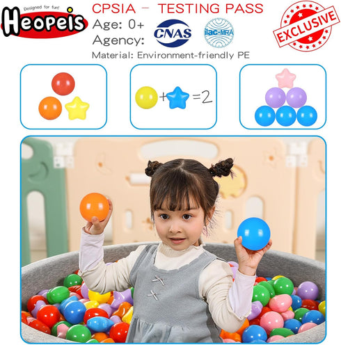 Star Ball Pit Balls for Toddlers, 100 Pcs Phthalate Free BPA Free Crush Proof Plastic, 7 Bright Colors with Storage Bag