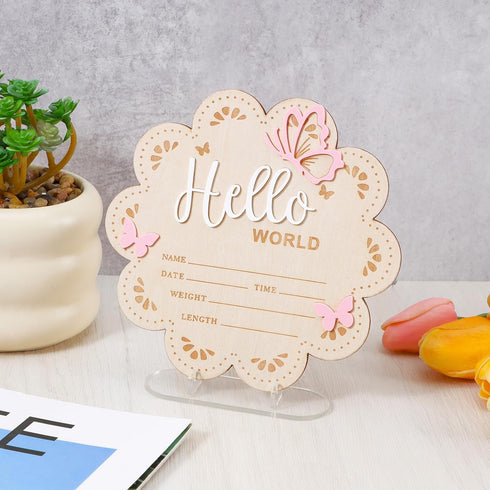 Nogeqi 6 Inch Hello World Newborn Sign, Pink Butterfly Baby Name Announcement Sign, Birth Announcement Signs, Wooden