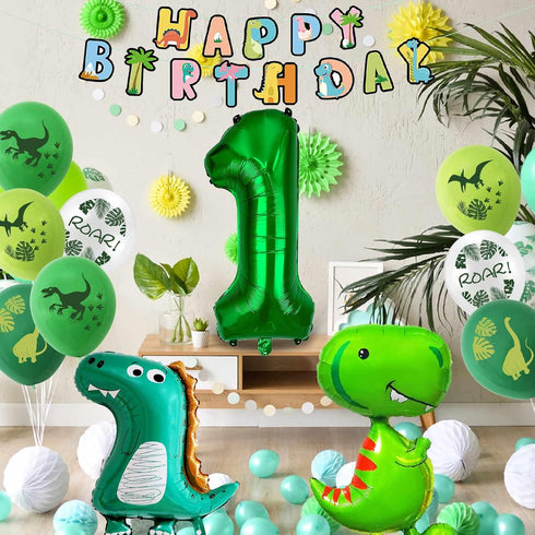 Happy 1st Birthday Decorations - Large Dinosaur Foil Balloons, Number 1 & Dinosaur Printed Balloons, Banner for Boy &