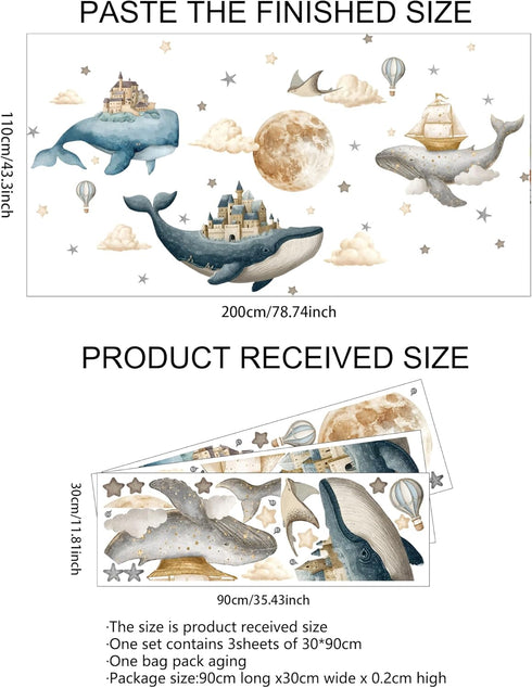 Under The Sea Whales Wall Decal Sticker,Ocean Nursery Wall Sticker,Watercolor Whale, Hot air Balloons, Castle Art Decor