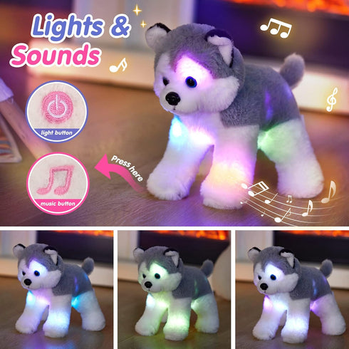 12 BSTAOFY Musical Light up Husky Puppy Stuffed Animal Realistic LED Singing Dog Soft Plush Toy with Night Lights Glow