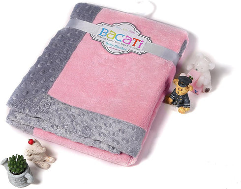 Bacati Solid Center Plush Blanket with Frame Style Border (Solid Baby Pink/Grey Border)