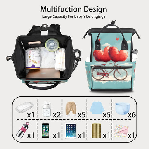 Hsnar Backpack Bike Red Hearts Waterproof Diaper Bag Large Capacity Baby Bag with Stroller Straps, Multi-Pocket Diaper